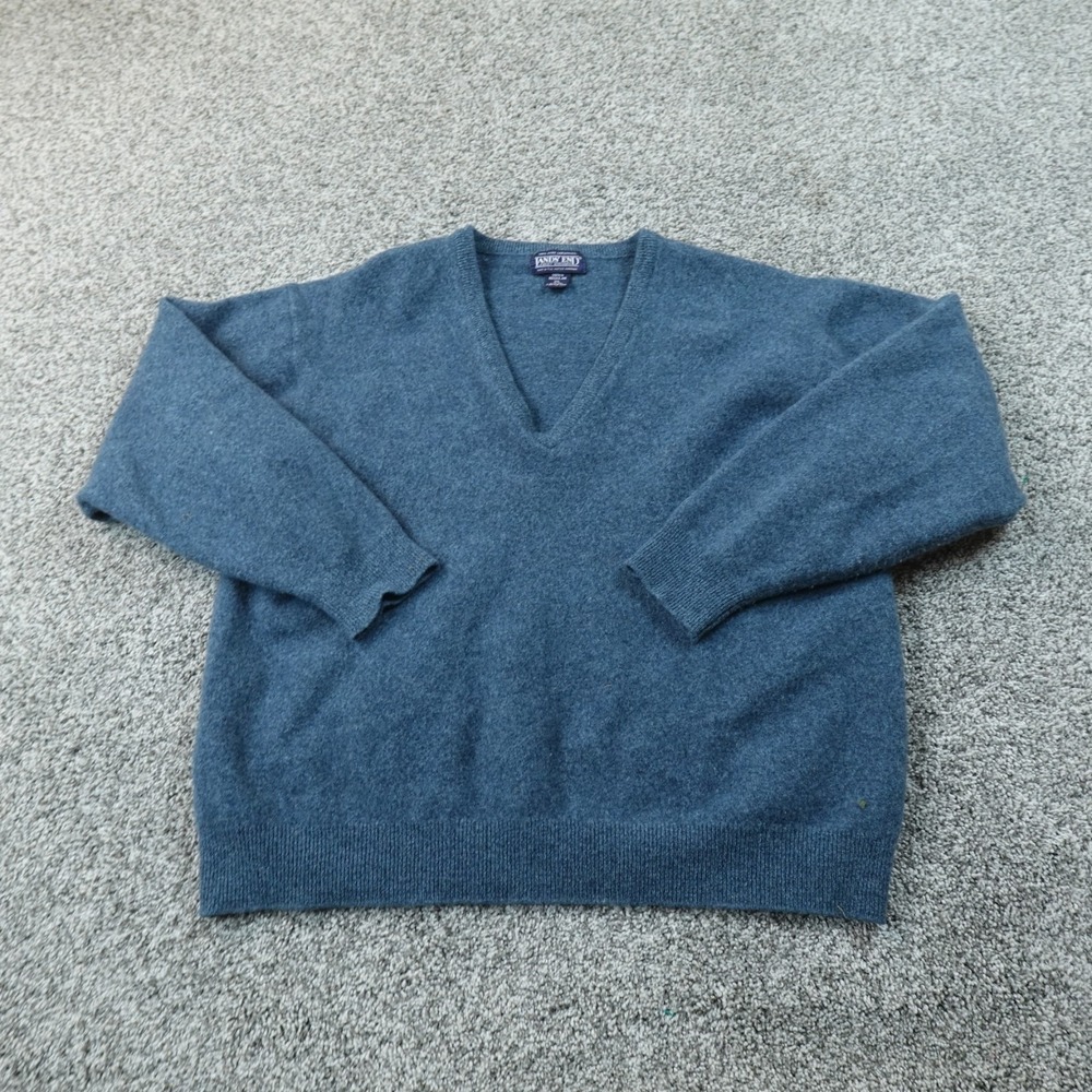 VTG Lands End Sweater Mens XL Blue Lambswool V Neck Knit Pullover Grandpa 90s